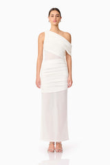 Brunette model wearing Darya Asymmetrical Gown in White front shot