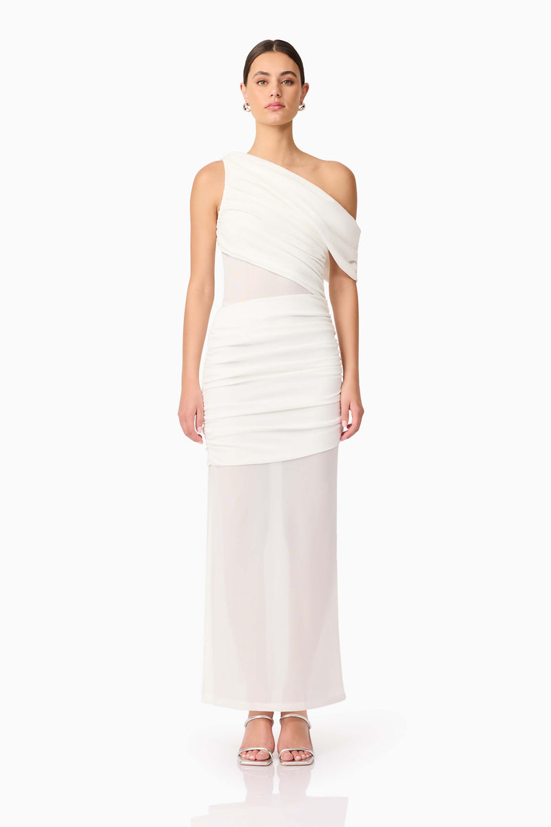 Brunette model wearing Darya Asymmetrical Gown in White front shot
