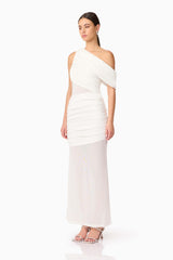 Brunette model wearing Darya Asymmetrical Gown in White side shot