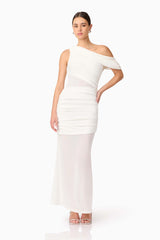 Brunette model wearing Darya Asymmetrical Gown in White posed shot