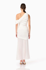 Brunette model wearing Darya Asymmetrical Gown in White back shot
