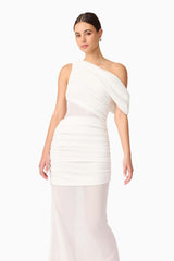 Brunette model wearing Darya Asymmetrical Gown in White close up shot