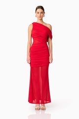 Brunette model wearing Darya Asymmetrical Gown in Red front shot
