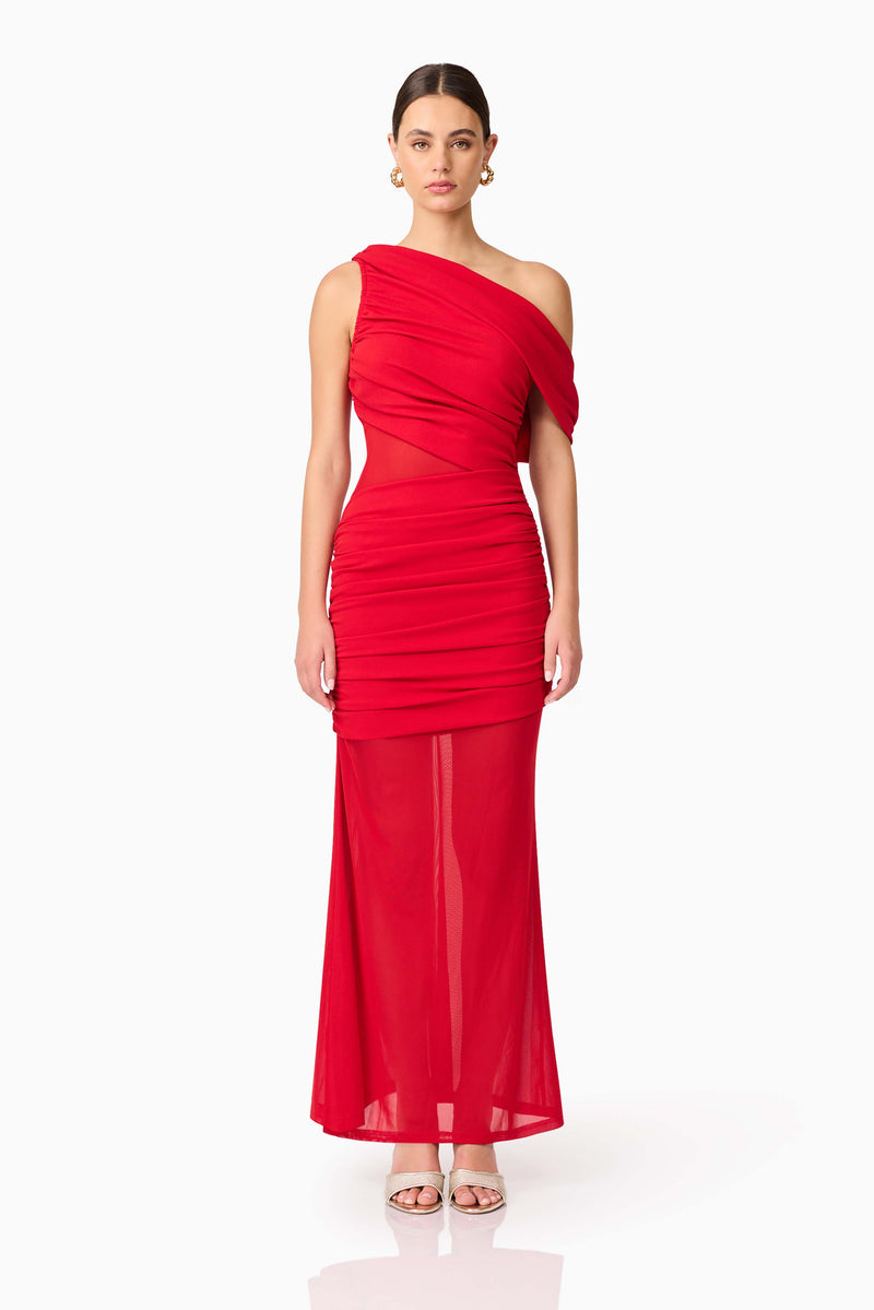 Brunette model wearing Darya Asymmetrical Gown in Red front shot