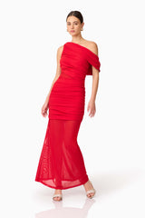 Brunette model wearing Darya Asymmetrical Gown in Red posed shot