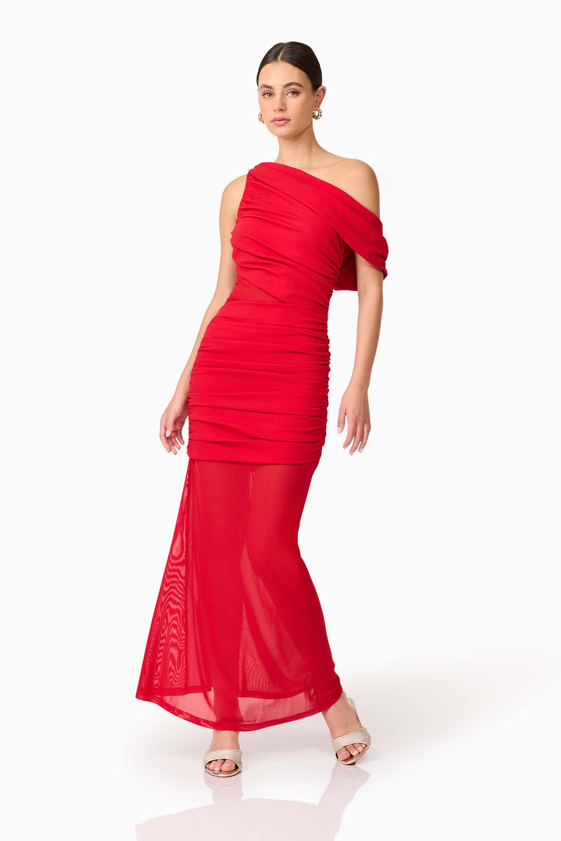 Brunette model wearing Darya Asymmetrical Gown in Red posed shot