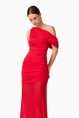 Brunette model wearing Darya Asymmetrical Gown in Red close up looking away shot