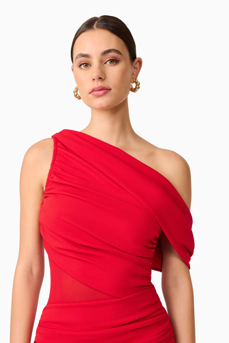 Brunette model wearing Darya Asymmetrical Gown in Red detail shot