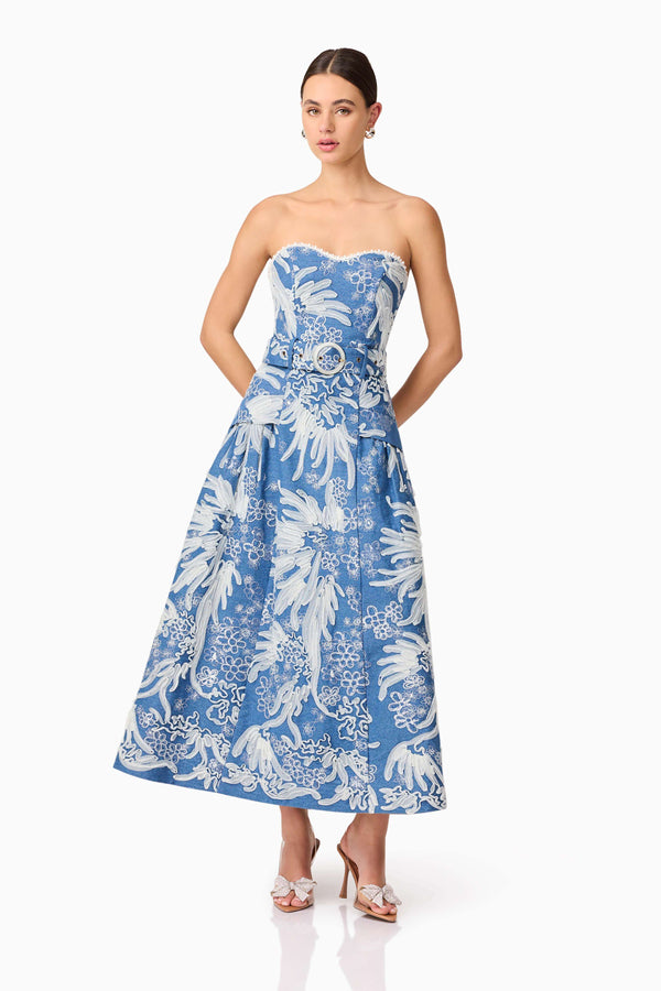 Brunette model wearing Anneliese Strapless Midi Dress in Blue posed shot