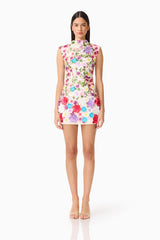 Brunette Model Wearing Rosette Sleeveless Mini Dress in Multi Floral Front Shot