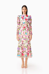 Brunette Model Wearing the Rosette Long Sleeve Midi Dress in Multi Floral Front Shot