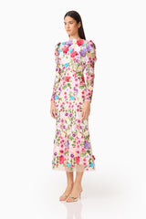 Brunette Model Wearing the Rosette Long Sleeve Midi Dress in Multi Floral Side Shot