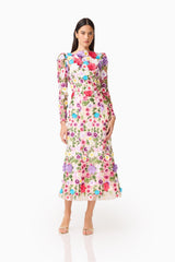 Brunette Model Wearing the Rosette Long Sleeve Midi Dress in Multi Floral Posed Shot