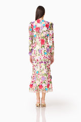 Brunette Model Wearing the Rosette Long Sleeve Midi Dress in Multi Floral Back Shot