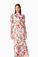Brunette Model Wearing the Rosette Long Sleeve Midi Dress in Multi Floral Posed Medium Shot