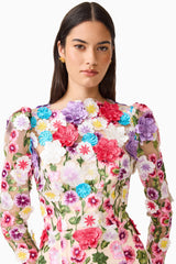 Brunette Model Wearing the Rosette Long Sleeve Midi Dress in Multi Floral Close Up detail Shot