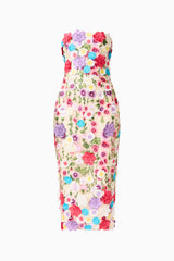 The Rosette Strapless Midi Dress in Multi Floral Ghost Shot