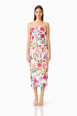 Brunette Model Wearing the Rosette Strapless Midi Dress in Multi Floral Front Shot