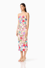 Brunette Model Wearing the Rosette Strapless Midi Dress in Multi Floral Side Shot