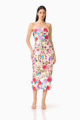 Brunette Model Wearing the Rosette Strapless Midi Dress in Multi Floral posed hand on hip Shot