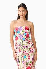 Brunette Model Wearing the Rosette Strapless Midi Dress in Multi Floral Posed Medium Shot