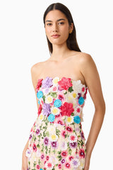 Brunette Model Wearing the Rosette Strapless Midi Dress in Multi Floral Posed Close Up Shot