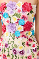 Brunette Model Wearing the Rosette Strapless Midi Dress in Multi Floral Detail Close Up Shot