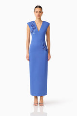 Brunette model wearing the Talitha Column Maxi Dress in Cornflower Blue front shot