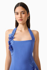 Brunette model wearing the Talitha Halter Mini Dress in Cornflower Blue detail shot