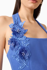 Brunette model wearing the Talitha Halter Mini Dress in Cornflower Blue detail close up shot