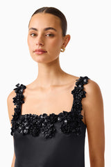 Brunette Model wearing Lucetta Shift Mini Dress in Black close up shot