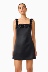 Brunette Model wearing Lucetta Shift Mini Dress in Black medium shot