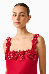 Brunette Model wearing Lucetta Shift Mini Dress in Red close up shot