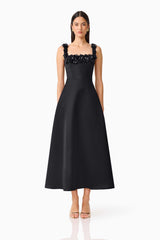 Brunette Model wearing the Lucetta Fit & Flare Midi Dress in Black front shot