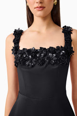 Brunette Model wearing the Lucetta Fit & Flare Midi Dress in Black detail close up shot
