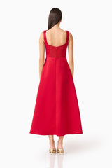 Brunette Model wearing the Lucetta Fit & Flare Midi Dress in Red back shot