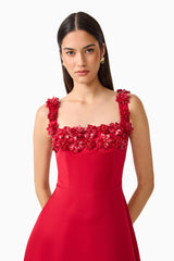Brunette Model wearing the Lucetta Fit & Flare Midi Dress in Red close up shot