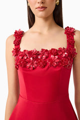Brunette Model wearing the Lucetta Fit & Flare Midi Dress in Red detail close up shot