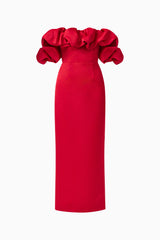 The Lucetta Off Shoulder Gown in Red ghost shot
