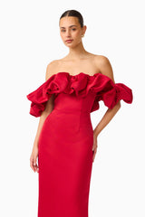 Brunette model wearing the Lucetta Off Shoulder Gown in Red posed closer shot
