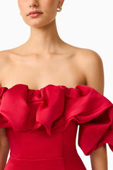 Brunette model wearing the Lucetta Off Shoulder Gown in Red close up detail shot