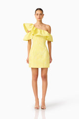 Brunette Model wearing the Luella One Shoulder Mini Dress in Yellow front shot