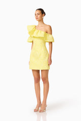 Brunette Model wearing the Luella One Shoulder Mini Dress in Yellow side shot