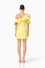 Brunette Model wearing the Luella One Shoulder Mini Dress in Yellow back shot