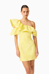 Brunette Model wearing the Luella One Shoulder Mini Dress in Yellow posed leaning shot