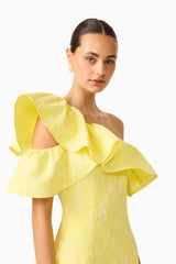 Brunette Model wearing the Luella One Shoulder Mini Dress in Yellow close up shot