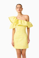 Brunette Model wearing the Luella One Shoulder Mini Dress in Yellow posed front shot