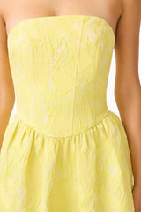 Brunette Model wearing the Luella Strapless Gown in Yellow close up shot
