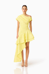 Brunette Model wearing Luella Asymmetrical Gown in Yellow front shot