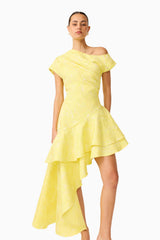 Brunette Model wearing Luella Asymmetrical Gown in Yellow posed shot